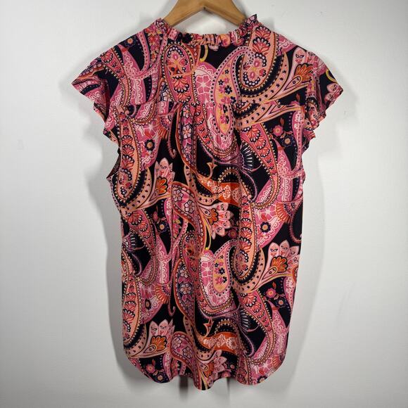 Cocomo Top Women L Pink Floral Paisley Pleated Stretch Short Sleeve Tunic Spring - Picture 2 of 7